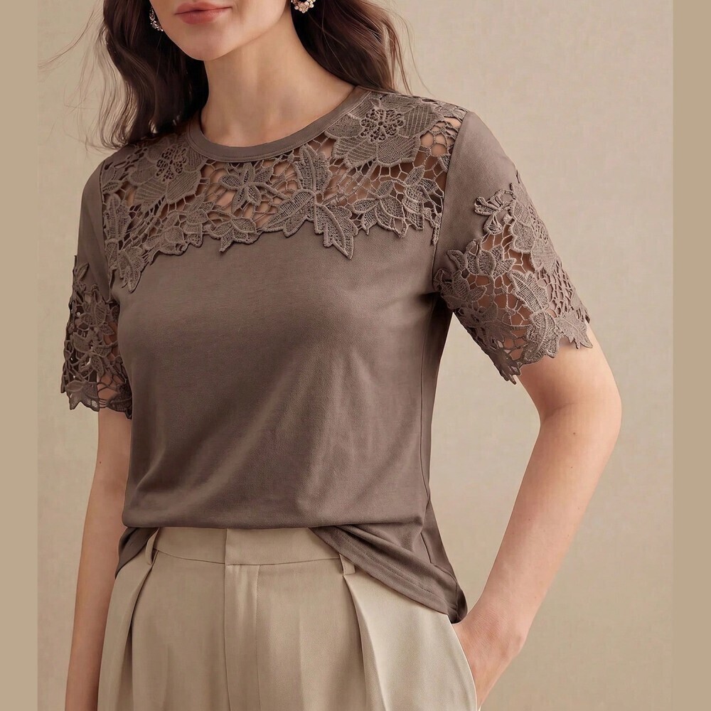 Taupe Crochet Lace Yoke Short Sleeve Round Neck Tee